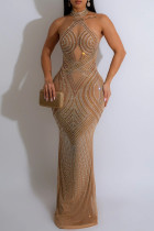 Abrikoos elegante hete boren patchwork doorzichtige halter lange jurk jurken