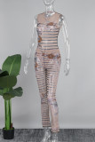 Khaki Sexy Casual Stripe Print See-through O Neck Sleeveless Two Pieces Tank Tops And Pants Sets