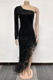 Robe de soirée noire élégante, tenue de soirée élégante en Patchwork de paillettes, maille pailletée, asymétrique épaule dénudée