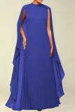 Colorful Blue Street Solid Patchwork Pleated O Neck Long Dress Dresses