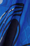 ブルーカジュアルプリントパッチワークOネックAラインドレス（装飾なし）