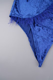 Colorful Blue Street Solid Patchwork Feathers Zipper Strapless Wrapped Skirt Dresses（Wear Gloves）