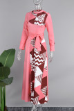 ピンクのエレガントなプリント包帯パッチワーク ボタン O ネック長袖ドレス
