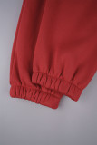 Dos piezas estampado casual estampado patchwork bolsillo cremallera cuello vuelto manga larga rojo