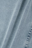 Vestidos de mezclilla regulares de cintura alta de manga corta con cuello vuelto y hebilla de bolsillo de parches lisos Vintage gris claro