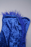 Abiti con gonna a portafoglio senza spalline con piume patchwork in tinta unita blu colorato (indossare guanti)