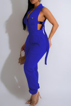 Blue Casual Solid Patchwork Pocket Zipper Collar Cargo Skinny Jumpsuits