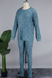 Синий повседневный костюм тай-дай в стиле пэчворк с круглым вырезом и длинными рукавами, два предмета