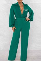 Green Casual Print Letter V Neck Jumpsuits