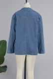 Jaqueta jeans solta de manga comprida com gola virada para trás e botões de bolso sólidos de rua azul