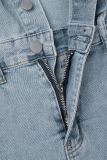 Светло-серые уличные винтажные однотонные лоскутные джинсовые платья с отложным воротником и карманами с пряжкой и короткими рукавами, с высокой талией