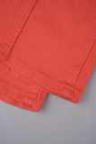 Orange rouge Vintage solide Patchwork poche boucle boutons fermeture éclair col rabattu manches courtes deux pièces