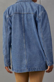 Jaqueta jeans solta de manga comprida com gola virada para trás e botões de bolso sólidos de rua azul