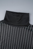 Black Street Vestidos de manga larga con cuello alto y perforación caliente de patchwork con perforación caliente