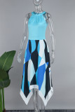 Blauwe elegante print patchwork halter-a-lijn jurken
