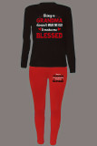 Black Red Casual Letter Patchwork O Neck Long Sleeve Two Pieces