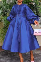 Королевские синие повседневные однотонные платья в стиле пэчворк с пряжкой и круглым вырезом с длинными рукавами