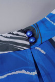 Robes trapèze bleues décontractées à imprimé patchwork, col rond (sans décoration)