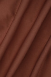 Braune, elegante, feste Bandage, Patchwork, Falten, Reißverschluss, O-Ausschnitt, unregelmäßiges Kleid