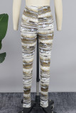 Pantaloni con stampa completa a matita a vita media regolare patchwork con stampa casual multicolore