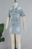 Light Gray Street Vintage Solid Patchwork Pocket Buckle Turndown Collar Short Sleeve High Waist Regular Denim Dresses
