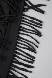 Черный уличный однотонный с кисточками в стиле пэчворк Ботинки с уздечкой со средней талией Однотонные низы с динамиком