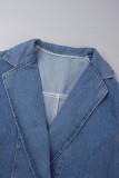 Blue Street Solid Patchwork Pocket Buttons Turn-back Collar Long Sleeve Loose Denim Jacket