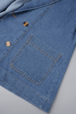 Blue Street Solid Patchwork Pocket Buttons Turn-back Collar Long Sleeve Loose Denim Jacket