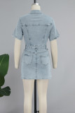 Hellgraue Street Vintage Solide Patchwork-Taschenschnalle, Umlegekragen, kurze Ärmel, hohe Taille, normale Denim-Kleider
