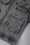 Dark Gray Casual Solid Patchwork Pocket Buttons Zipper Turndown Collar Long Sleeve Two Pieces Cargo Denim Jackets And Pants Sets