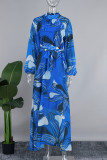 Синие повседневные лоскутные платья с круглым вырезом и принтом (без украшений)