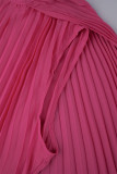 Robe longue plissée à col rond, Rose rouge, couleur unie, Patchwork