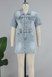 Hellgraue Street Vintage Solide Patchwork-Taschenschnalle, Umlegekragen, kurze Ärmel, hohe Taille, normale Denim-Kleider