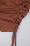 Brown Elegant Solid Bandage Patchwork Fold Zipper O Neck Irregular Dress Dresses