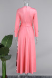 Розовые элегантные платья с длинным рукавом и повязкой на пуговицах с принтом и круглым вырезом