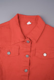 Orange Red Vintage Solid Patchwork Pocket Buckle Buttons Zipper Turndown Collar Short Sleeve Two Pieces