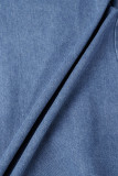Giacca in denim allentato a maniche lunghe con colletto risvoltato con bottoni tascabili patchwork tinta unita blu