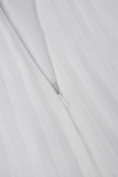 Белые уличные однотонные лоскутные плиссированные длинные платья с круглым вырезом