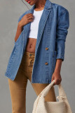 Синяя уличная однотонная лоскутная свободная джинсовая куртка с карманами и пуговицами с отложным воротником и длинными рукавами