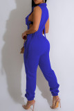 Blauwe casual effen skinny jumpsuits met rits en kraag met patchwork