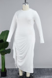 Witte elegante effen patchwork volant split vouw O hals lange mouwen grote maten jurken