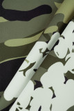 Camouflage Street Print Patchwork Poche Boutons Fermeture Éclair Droite Taille Moyenne Droite Pleine Impression Bas