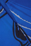 Vestidos casuais azuis estampados patchwork gola O （sem decoração）