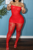 Red Sexy Solid Lace Patchwork Strapless Sleeveless Two Pieces Strapless Dress Foot Leggings Midnight Clubwear Matching Set