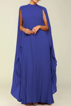 Красочные синие уличные однотонные лоскутные плиссированные длинные платья с круглым вырезом