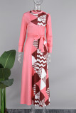 ピンクのエレガントなプリント包帯パッチワーク ボタン O ネック長袖ドレス
