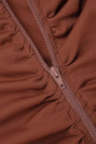 Marrom elegante sólido bandagem patchwork dobra zíper o pescoço vestidos irregulares