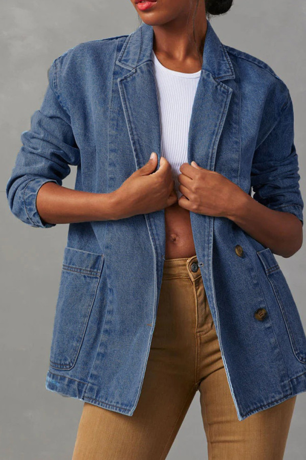 Blue Street Solid Patchwork Pocket Buttons Turn-back Collar Long Sleeve Loose Blazer Denim Jacket