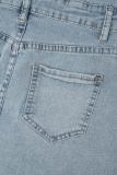 Ljusgrå Street Vintage Solid Patchwork Fickspänne Turndown-krage Kortärmad Hög midja Vanliga jeansklänningar