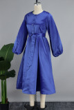 Royal Blue Casual Solid Bandage Patchwork Buckle O Neck Long Sleeve Dresses